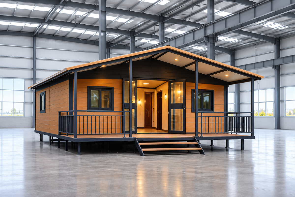 37 m² modulinis namelis su terasa ir lenktu stogu – pritaikytas žiemai