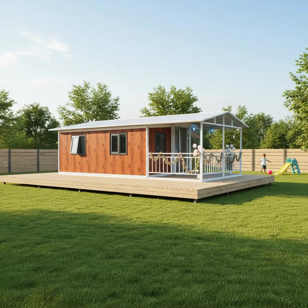37 m² modulinis namelis su terasa ir lenktu stogu – pritaikytas žiemai