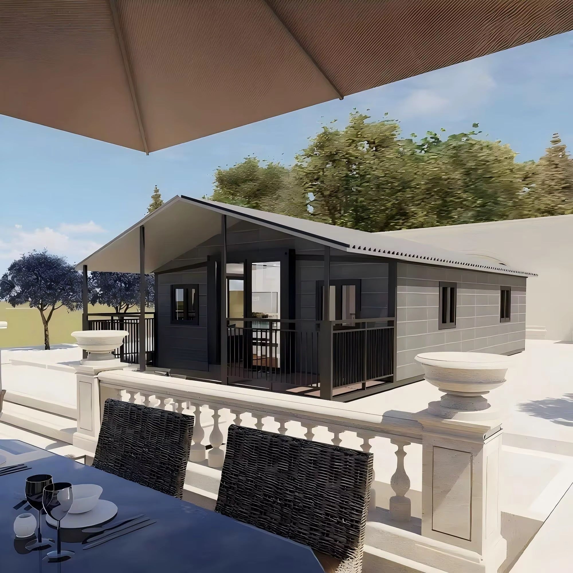 57 m² modulinis namelis su terasa ir lenktu stogu – pritaikytas žiemai