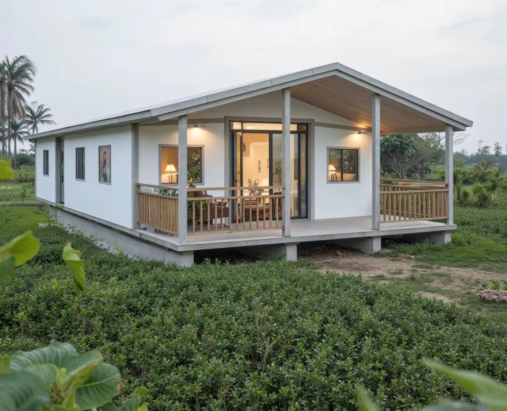 57 m² modulinis namelis su terasa ir lenktu stogu – pritaikytas žiemai