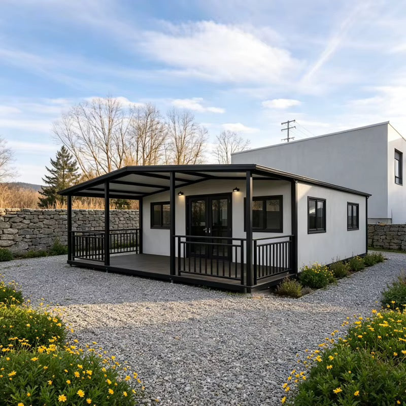 37 m² modulinis namelis su terasa ir lenktu stogu – pritaikytas žiemai