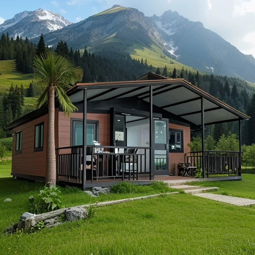 37 m² modulinis namelis su terasa ir lenktu stogu – pritaikytas žiemai