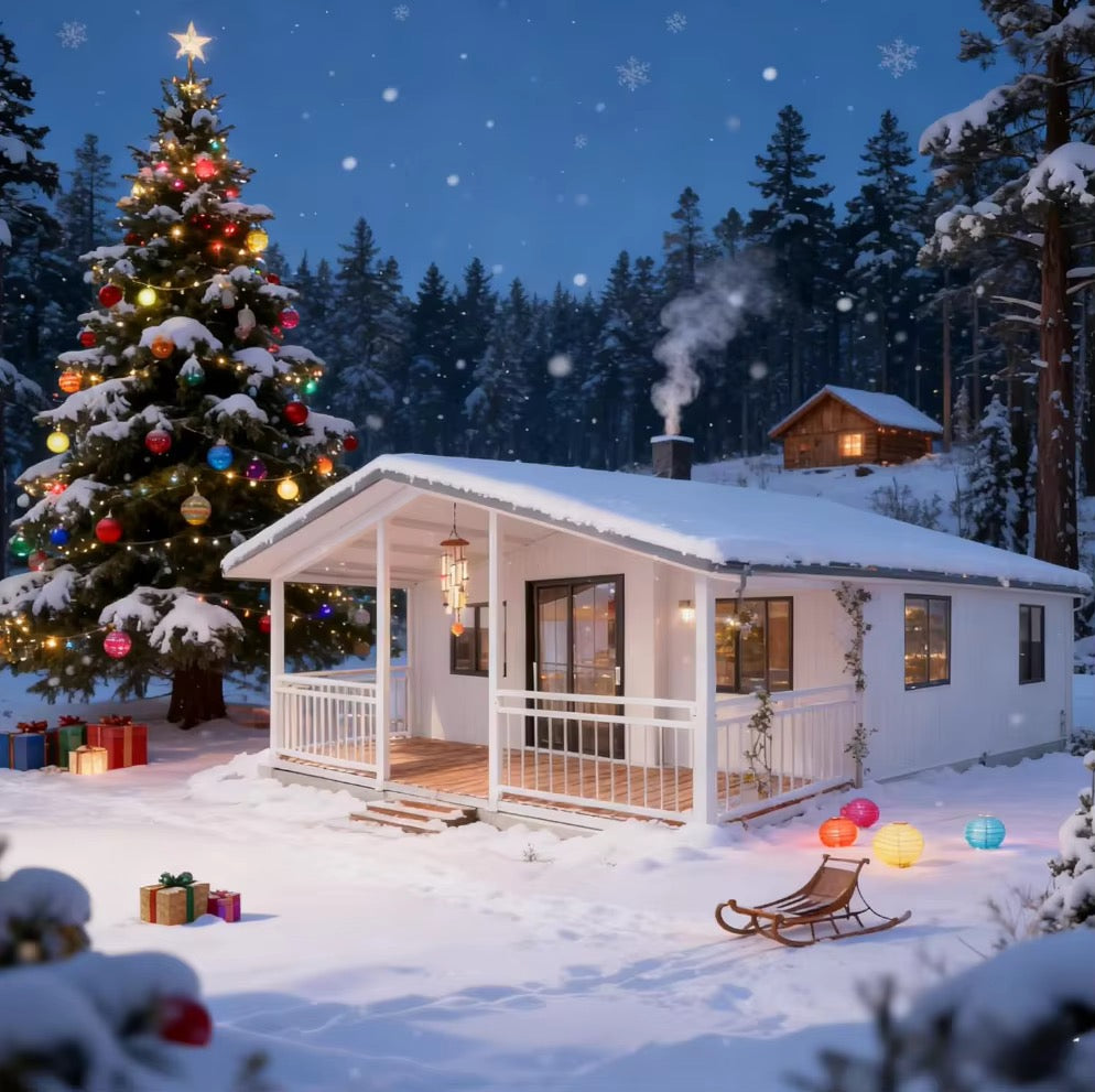 57 m² modulinis namelis su terasa ir lenktu stogu – pritaikytas žiemai
