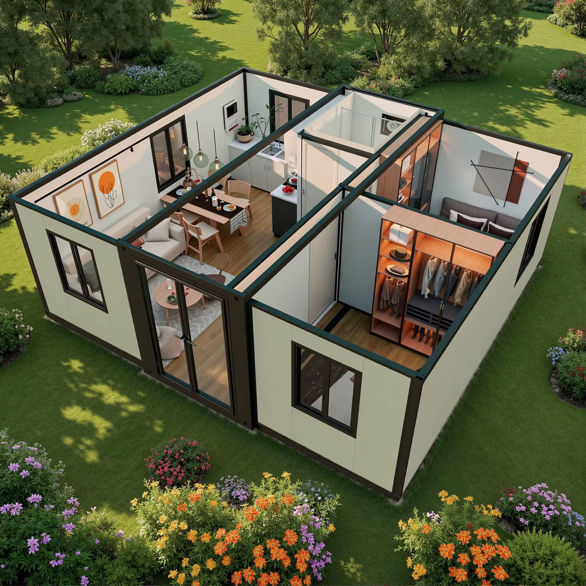 37 m² modulinis namelis su terasa ir lenktu stogu – pritaikytas žiemai