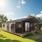 57 m² modulinis namelis su terasa ir lenktu stogu – pritaikytas žiemai