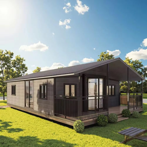 57 m² modulinis namelis su terasa ir lenktu stogu – pritaikytas žiemai