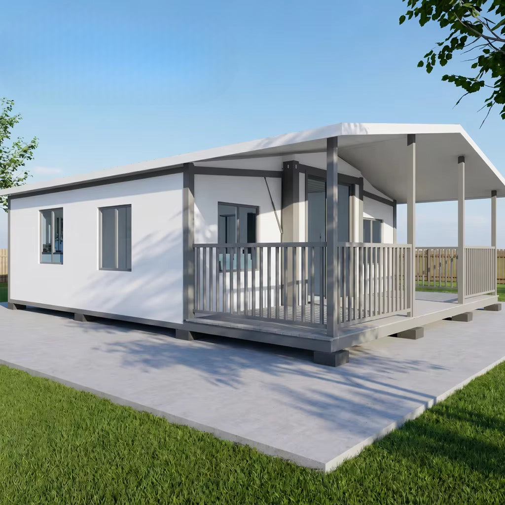 57 m² modulinis namelis su terasa ir lenktu stogu – pritaikytas žiemai