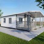 57 m² modulinis namelis su terasa ir lenktu stogu – pritaikytas žiemai