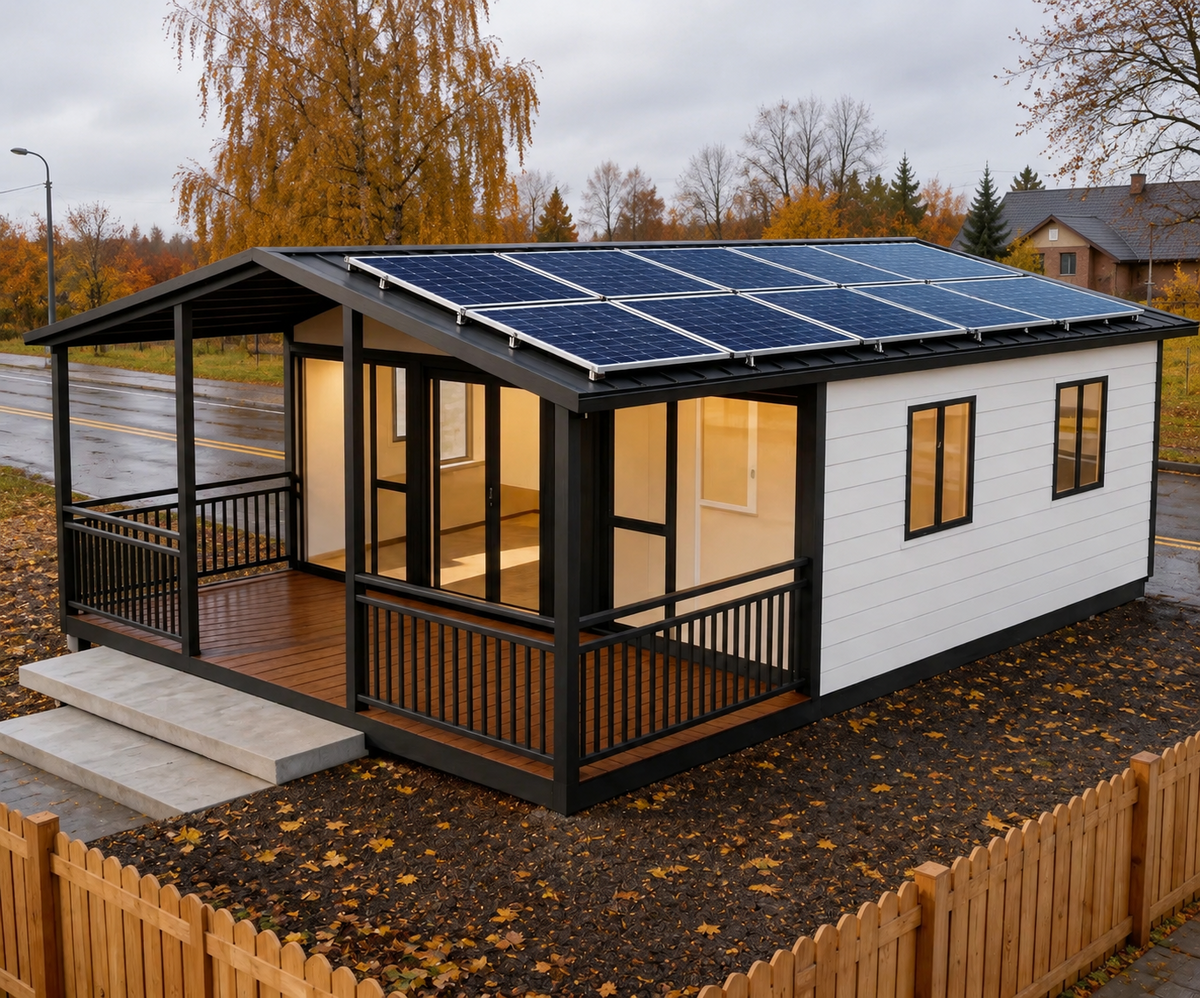 37 m² modulinis namelis su terasa ir lenktu stogu – pritaikytas žiemai