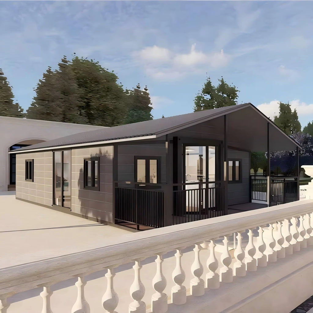 57 m² modulinis namelis su terasa ir lenktu stogu – pritaikytas žiemai