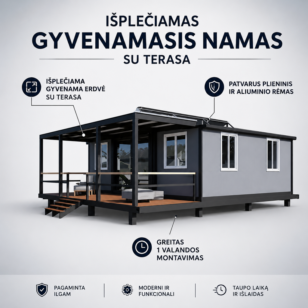 57 m² modulinis namelis su terasa ir lenktu stogu – pritaikytas žiemai