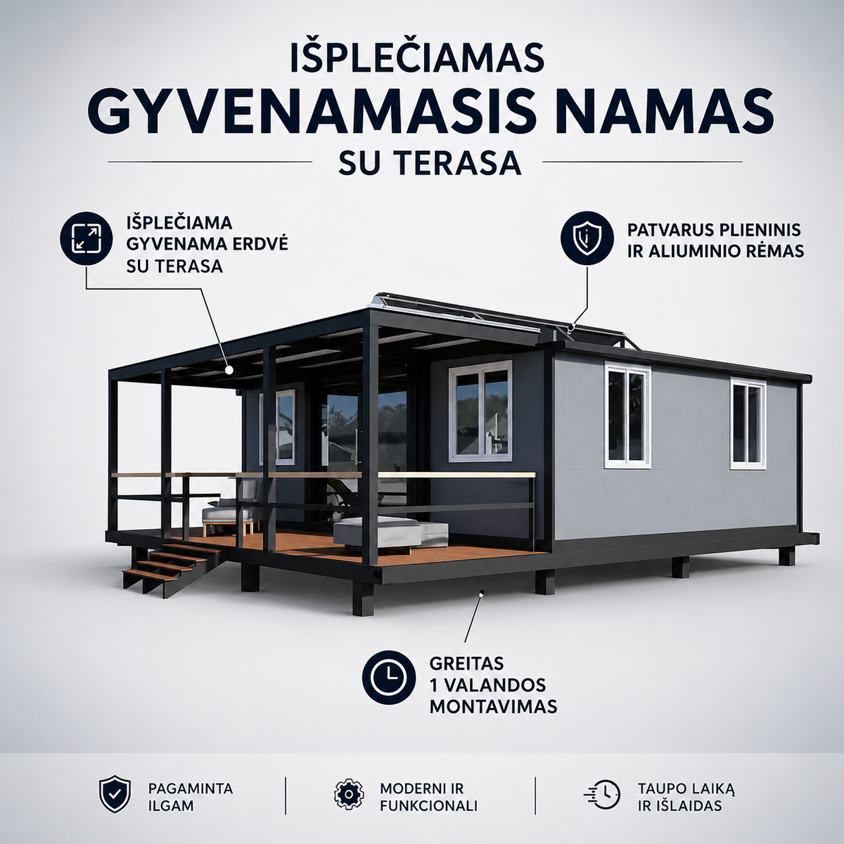 57 m² modulinis namelis su terasa ir lenktu stogu – pritaikytas žiemai