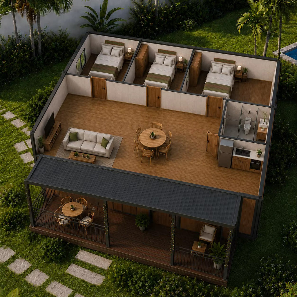 37 m² modulinis namelis su terasa ir lenktu stogu – pritaikytas žiemai