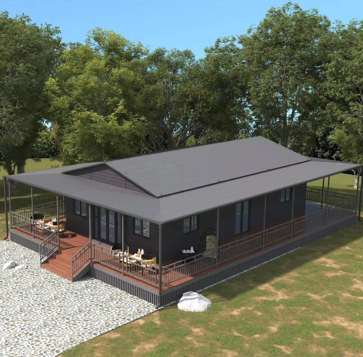 57 m² modulinis namelis su terasa ir lenktu stogu – pritaikytas žiemai
