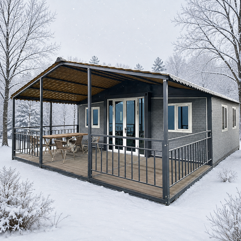 37 m² modulinis namelis su terasa ir lenktu stogu – pritaikytas žiemai