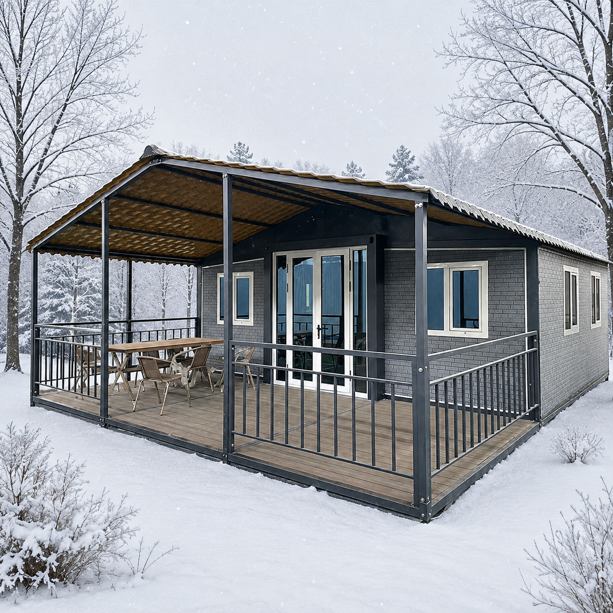 37 m² modulinis namelis su terasa ir lenktu stogu – pritaikytas žiemai