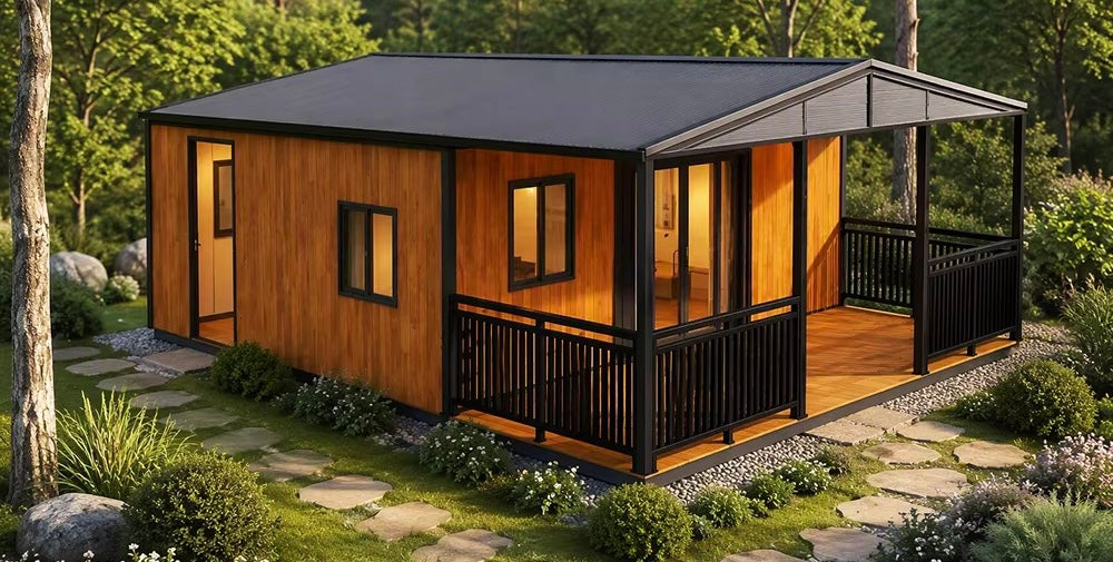 37 m² modulinis namelis su terasa ir lenktu stogu – pritaikytas žiemai