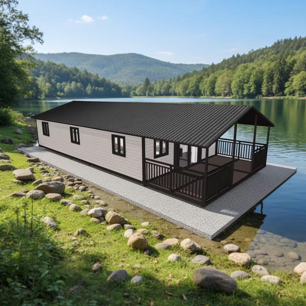 57 m² modulinis namelis su terasa ir lenktu stogu – pritaikytas žiemai